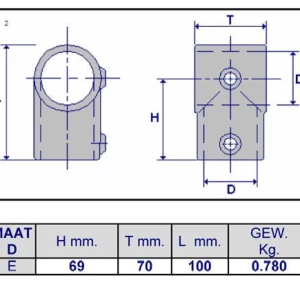 Inbuskoppeling T-stuk kort 48,3 mm