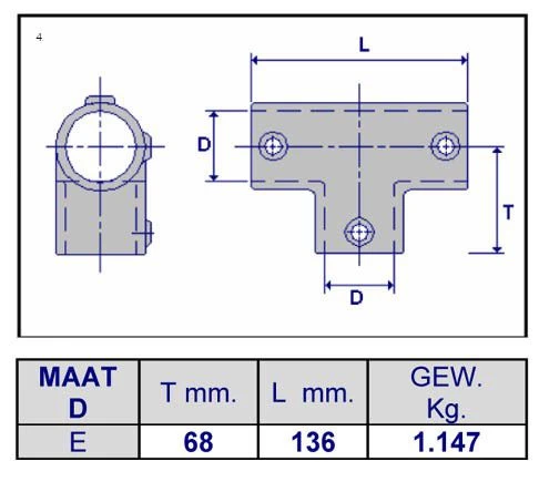 Inbuskoppeling T-stuk lang 48,3 mm